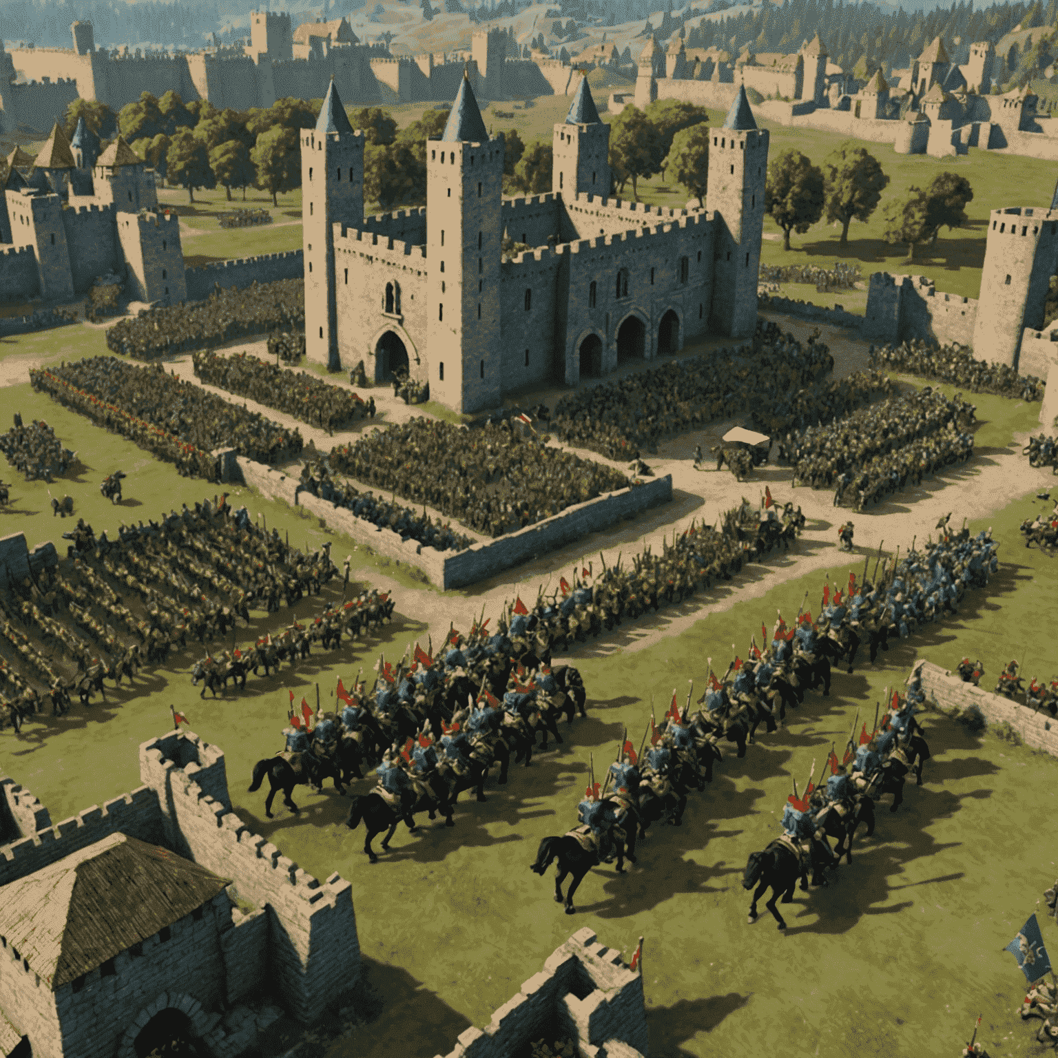 Captura de pantalla del juego de estrategia Age of Empires IV mostrando una batalla medieval con castillos, soldados y caballería