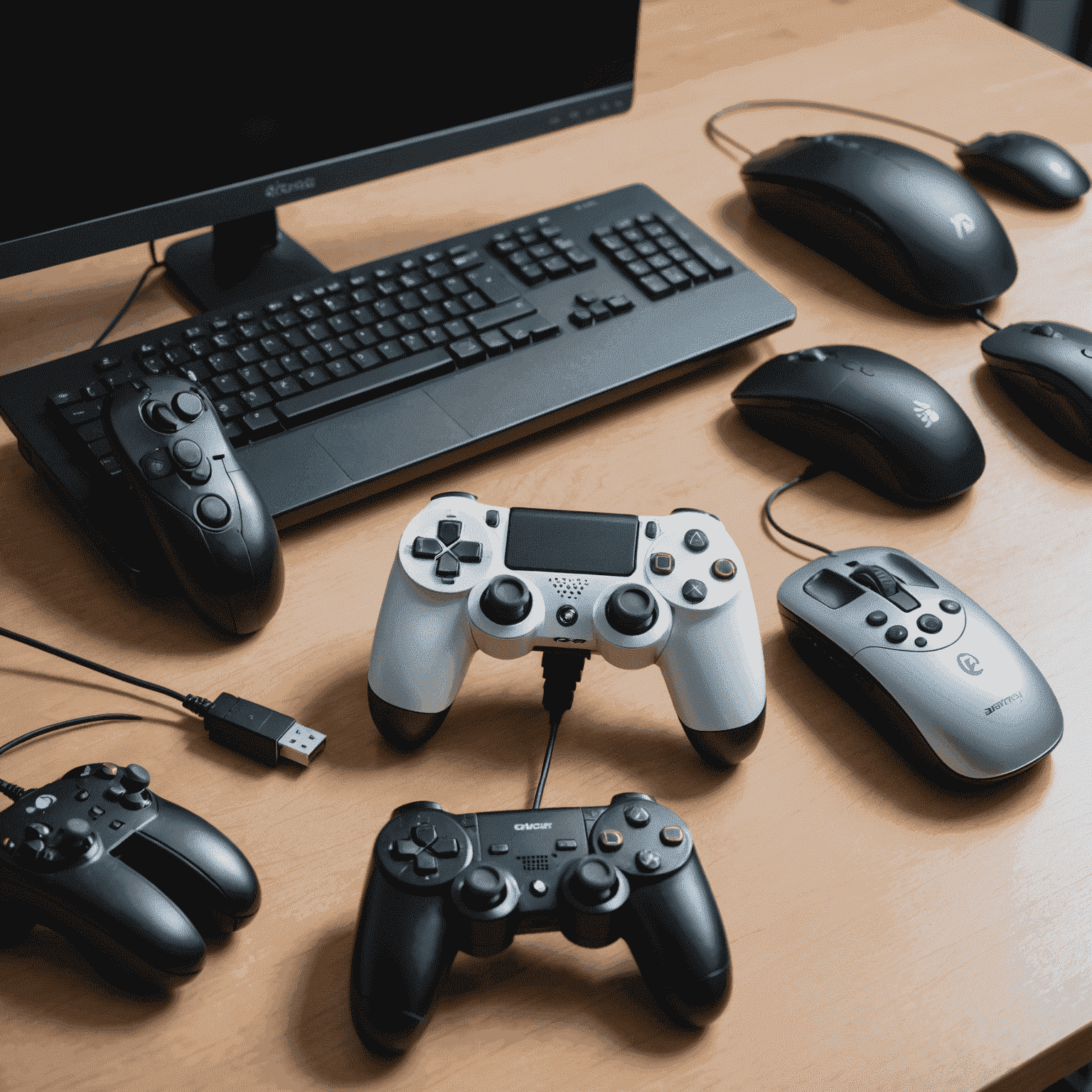 Imagen de varios controles de videojuegos, incluyendo un mando de consola, un teclado y mouse de PC, y un control portátil, sobre una mesa