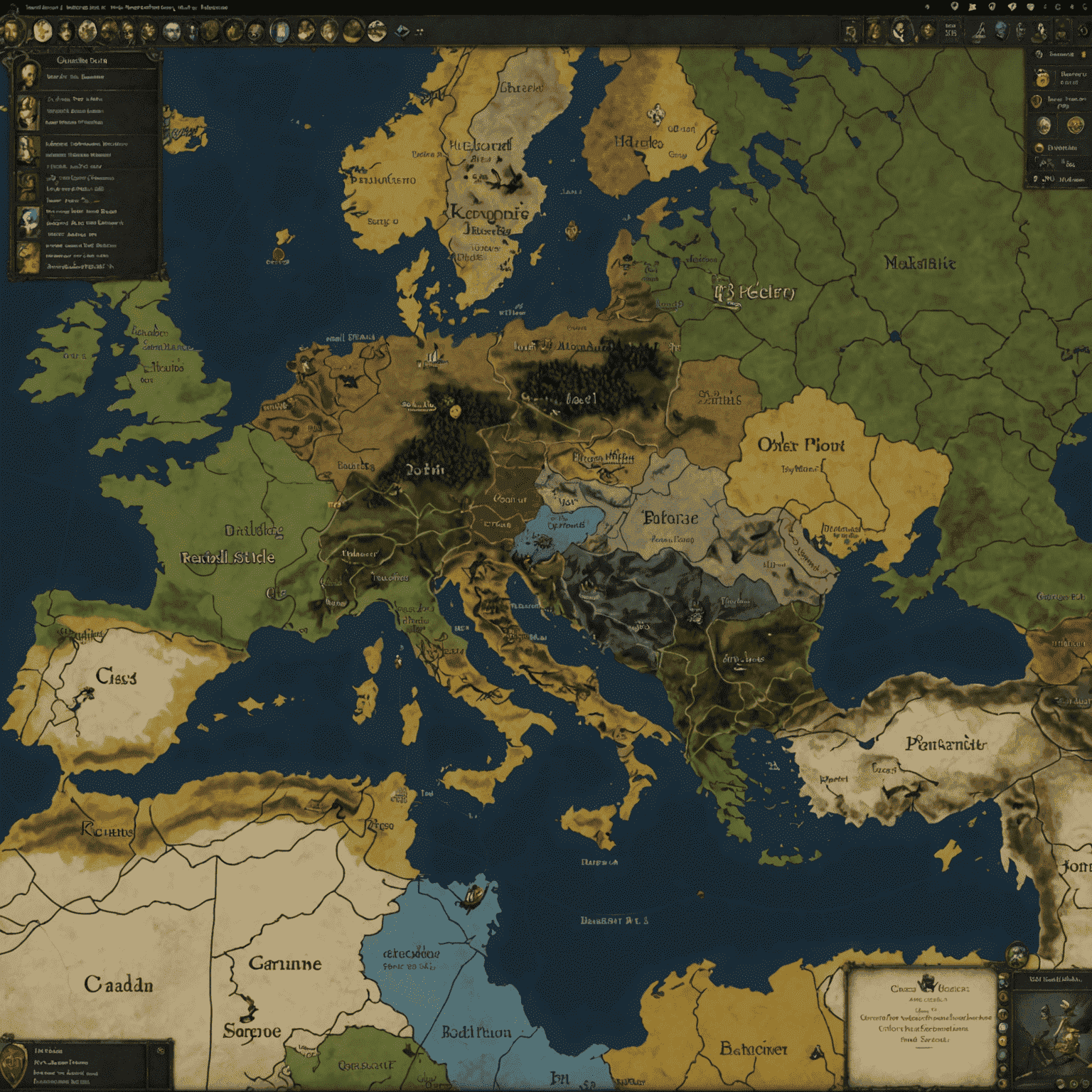 Captura de pantalla del juego Crusader Kings III que muestra el mapa de Europa medieval con reinos, ejércitos y personajes